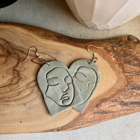 Handmade Clay Earrings | Face Outline Statue | Light Forest Green | Hook Backs - Picture 4 of 7